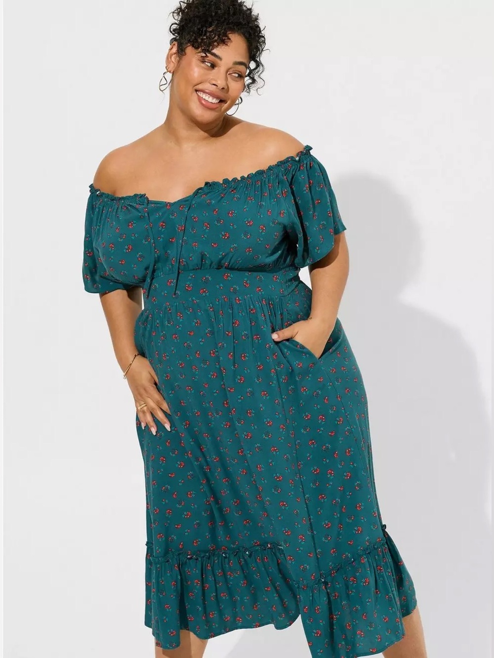 Torrid Floral Midi Dress Size 2 Teal Ruffle Neck Puff Sleeve Boho plus size 2XL